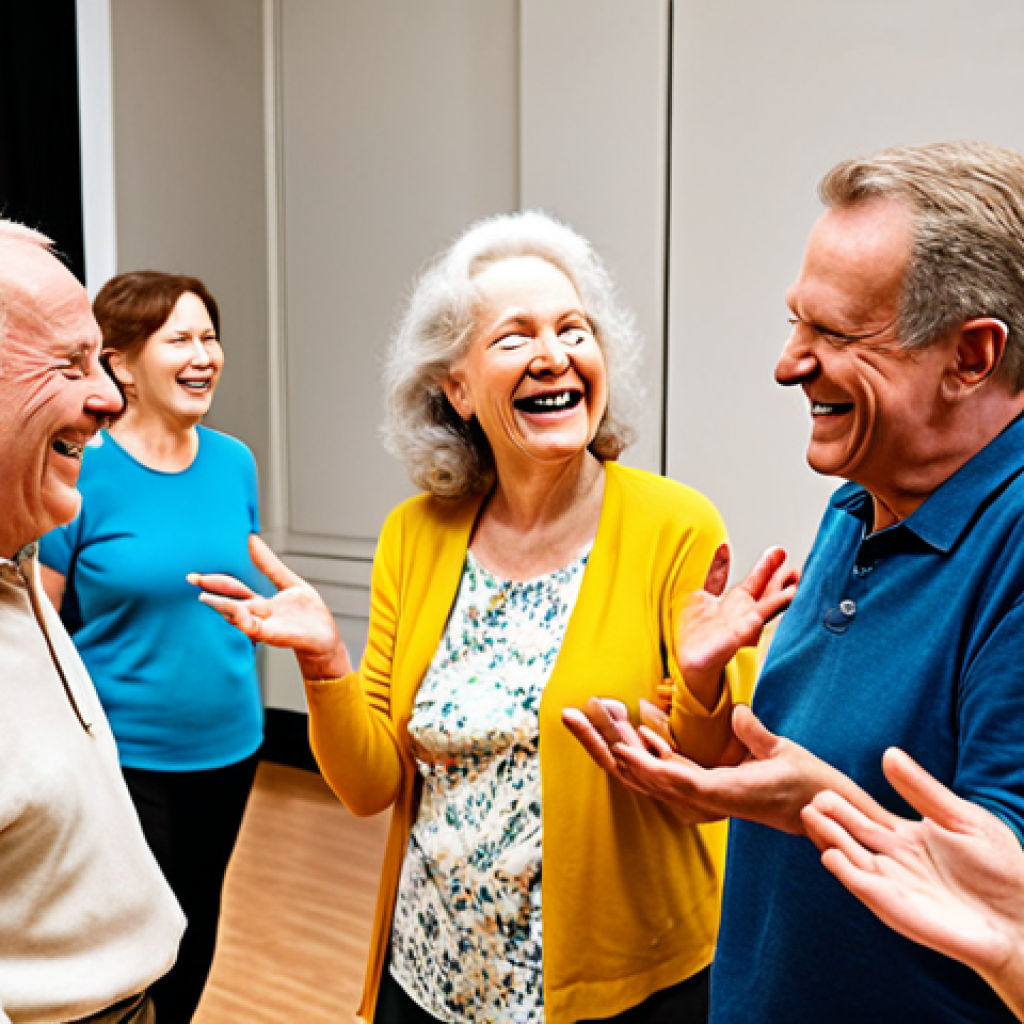**A group of smiling older adults in a theater class, engaged in an improvisational exercise. The setting is a brightly lit rehearsal space, and the overall mood is joyful and supportive.** Focus on capturing the camaraderie and energy of the group.