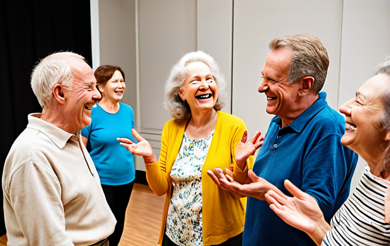 **A group of smiling older adults in a theater class, engaged in an improvisational exercise. The setting is a brightly lit rehearsal space, and the overall mood is joyful and supportive.** Focus on capturing the camaraderie and energy of the group.