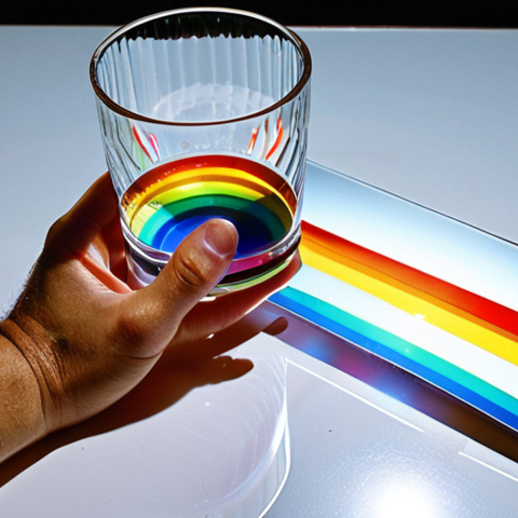 **Prompt:** A homemade rainbow experiment with a glass of water, mirror, and flashlight, projecting onto a white surface, focusing on the refraction of light.