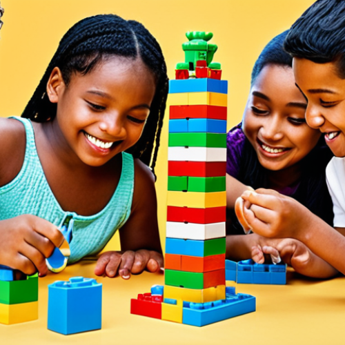 ** A diverse group of young children joyfully building a tall, colorful tower with LEGO blocks. The scene is bright and vibrant, showcasing creativity and teamwork. Focus on smiling faces and collaborative interaction.

**