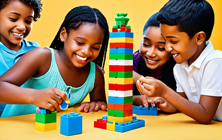 ** A diverse group of young children joyfully building a tall, colorful tower with LEGO blocks. The scene is bright and vibrant, showcasing creativity and teamwork. Focus on smiling faces and collaborative interaction.

**