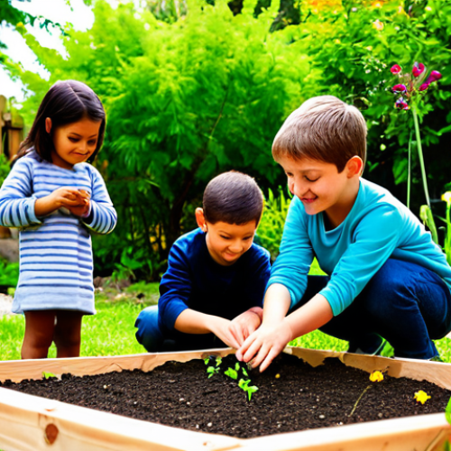 A diverse group of children, fully clothed in modest, comfortable play attire, are happily engaged in sensory exploration within a vibrant community garden. Some are gently touching soil, others are observing small plants with curiosity, and one child is watering a seedling. The scene is bathed in natural sunlight, with lush greenery and colorful flowers in the background. The children display calm, focused expressions, showing peaceful interaction with nature. Professional photography, high quality, perfect anatomy, correct proportions, natural pose, well-formed hands, proper finger count, natural body proportions, safe for work, appropriate content, fully clothed, family-friendly, professional.