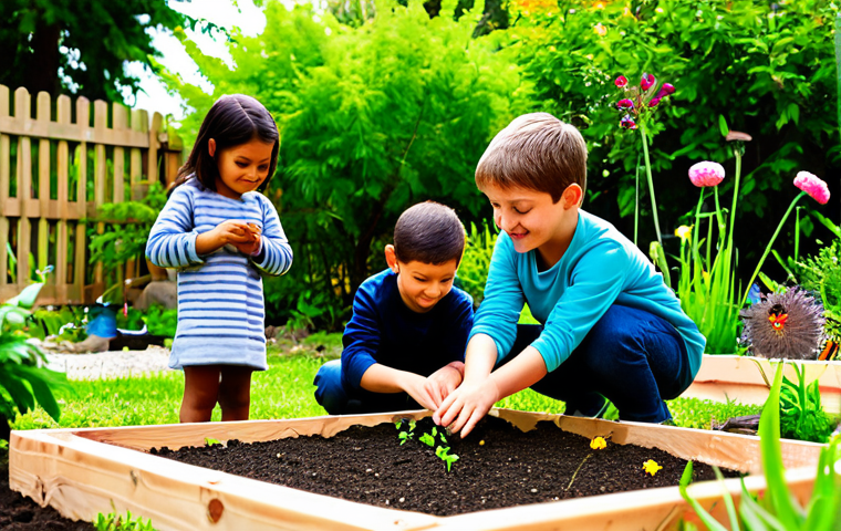 A diverse group of children, fully clothed in modest, comfortable play attire, are happily engaged in sensory exploration within a vibrant community garden. Some are gently touching soil, others are observing small plants with curiosity, and one child is watering a seedling. The scene is bathed in natural sunlight, with lush greenery and colorful flowers in the background. The children display calm, focused expressions, showing peaceful interaction with nature. Professional photography, high quality, perfect anatomy, correct proportions, natural pose, well-formed hands, proper finger count, natural body proportions, safe for work, appropriate content, fully clothed, family-friendly, professional.