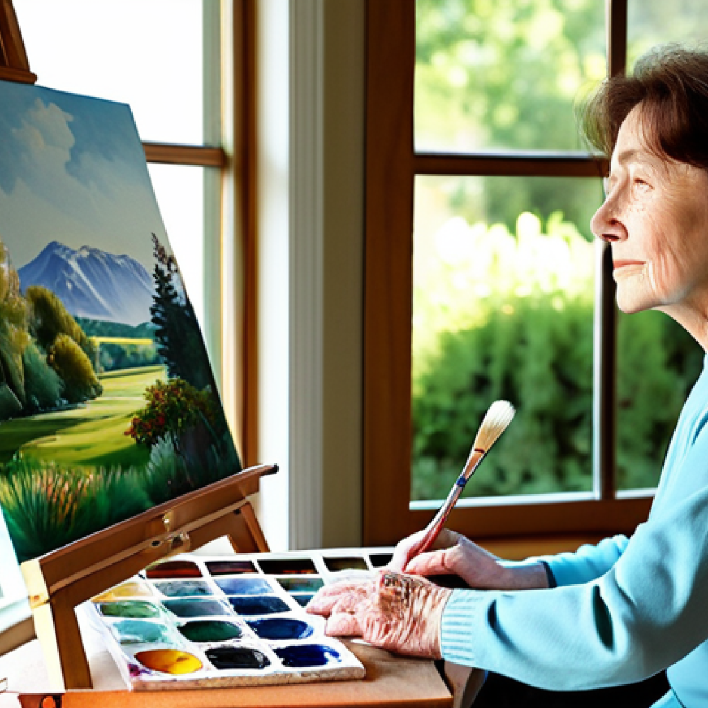 A serene older woman, fully clothed in modest, comfortable attire, is intently focused on painting a watercolor landscape at a wooden art easel. Her expression is one of calm concentration and gentle satisfaction. She is in a sunlit art studio with large windows overlooking a tranquil garden. Art supplies are neatly arranged on a table beside her. Professional photography, clear focus, vibrant colors, soft natural light, perfect anatomy, correct proportions, natural pose, well-formed hands, proper finger count, safe for work, appropriate content, fully clothed, modest clothing, family-friendly.