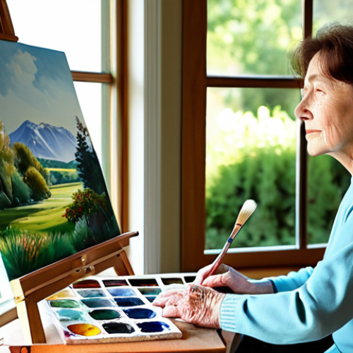 A serene older woman, fully clothed in modest, comfortable attire, is intently focused on painting a watercolor landscape at a wooden art easel. Her expression is one of calm concentration and gentle satisfaction. She is in a sunlit art studio with large windows overlooking a tranquil garden. Art supplies are neatly arranged on a table beside her. Professional photography, clear focus, vibrant colors, soft natural light, perfect anatomy, correct proportions, natural pose, well-formed hands, proper finger count, safe for work, appropriate content, fully clothed, modest clothing, family-friendly.