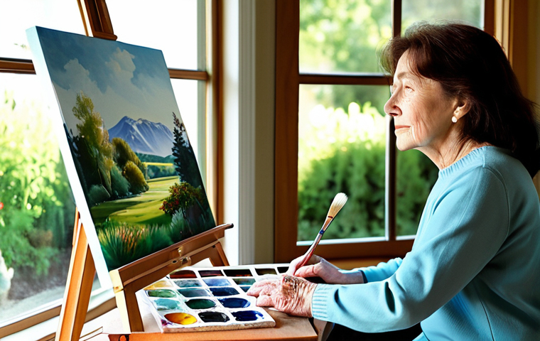 A serene older woman, fully clothed in modest, comfortable attire, is intently focused on painting a watercolor landscape at a wooden art easel. Her expression is one of calm concentration and gentle satisfaction. She is in a sunlit art studio with large windows overlooking a tranquil garden. Art supplies are neatly arranged on a table beside her. Professional photography, clear focus, vibrant colors, soft natural light, perfect anatomy, correct proportions, natural pose, well-formed hands, proper finger count, safe for work, appropriate content, fully clothed, modest clothing, family-friendly.