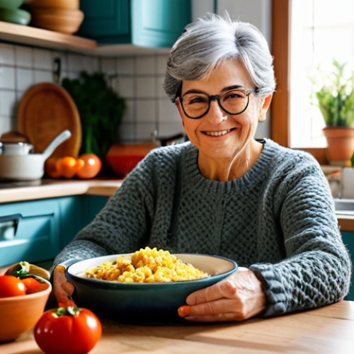 **

"A senior woman with short gray hair, wearing a comfortable, fully clothed knitted sweater and glasses, sits at a bright kitchen table filled with cookbooks and fresh ingredients, preparing a traditional Spanish dish. Safe for work, appropriate content, modest clothing, family-friendly, professional photography, perfect anatomy, natural proportions, well-lit, warm colors, happy and content expression."

**