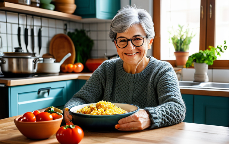 **
"A senior woman with short gray hair, wearing a comfortable, fully clothed knitted sweater and glasses, sits at a bright kitchen table filled with cookbooks and fresh ingredients, preparing a traditional Spanish dish. Safe for work, appropriate content, modest clothing, family-friendly, professional photography, perfect anatomy, natural proportions, well-lit, warm colors, happy and content expression."
**