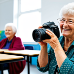 Active Senior Learning Photography**

"A vibrant, smiling senior woman in her 70s, fully clothed in comfortable, casual attire, learning digital photography in a bright, modern classroom. She's holding a DSLR camera, looking attentively at the instructor. The background features other seniors engaged in similar activities, such as painting and pottery. Safe for work, appropriate content, professional quality, perfect anatomy, natural proportions, well-formed hands, family-friendly scene, learning new skills."

**
