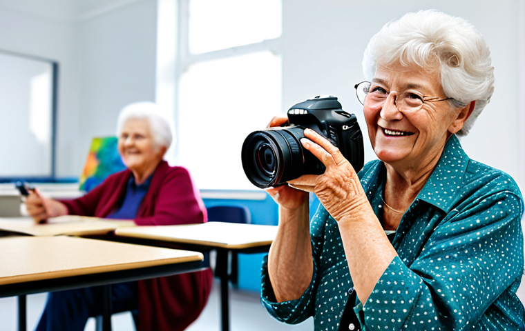Active Senior Learning Photography**

"A vibrant, smiling senior woman in her 70s, fully clothed in comfortable, casual attire, learning digital photography in a bright, modern classroom. She's holding a DSLR camera, looking attentively at the instructor. The background features other seniors engaged in similar activities, such as painting and pottery. Safe for work, appropriate content, professional quality, perfect anatomy, natural proportions, well-formed hands, family-friendly scene, learning new skills."

**