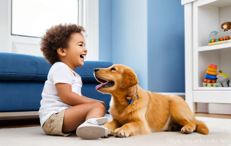 어린이 반려동물 교육 - **Prompt: First Playtime Adventures**
    A bright, cheerful scene featuring a child, approximately ...