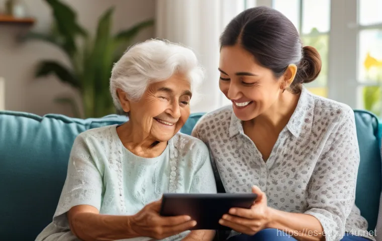 노인 인터넷 교육 - **Prompt:** A heartwarming, brightly lit indoor scene. A smiling elderly Hispanic grandmother, dress...