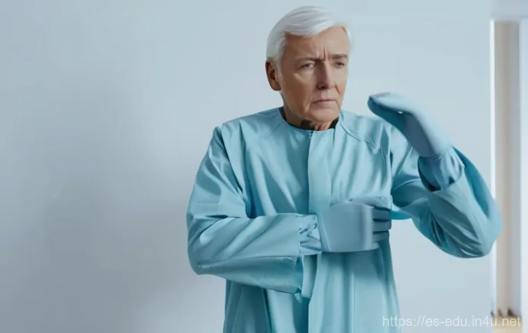 노인 체험 학습 - **Prompt:** A person in an advanced aging simulation suit, wearing comfortable, modest everyday clot...