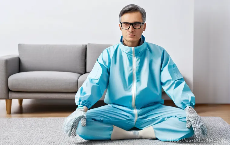 노인 체험 학습 - **Prompt:** A person in an advanced aging simulation suit, wearing comfortable, modest everyday clot...