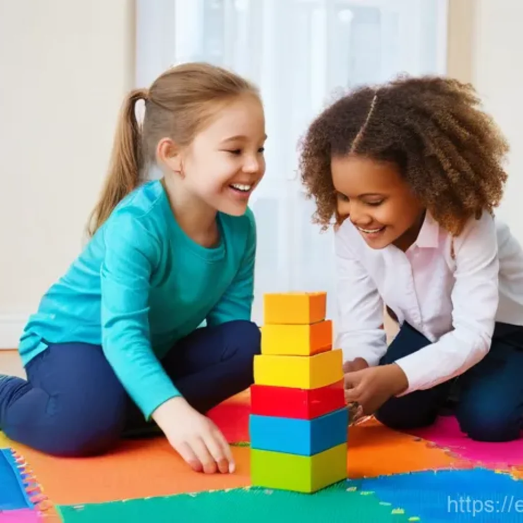 어린이 사회성 프로그램 - **Image Prompt: Cooperative Building Fun**
    "A vibrant, eye-level shot of five diverse children, ...