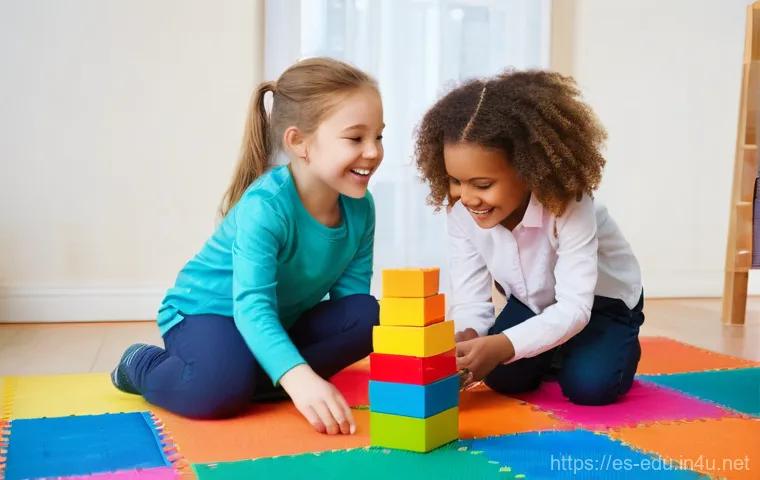 어린이 사회성 프로그램 - **Image Prompt: Cooperative Building Fun**
    "A vibrant, eye-level shot of five diverse children, ...