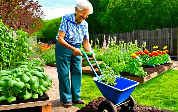 시니어 텃밭 가꾸기 - **Prompt 1: Joyful Senior Gardener in a Vibrant Raised Bed Garden**
    A warmly lit, serene outdoor...
