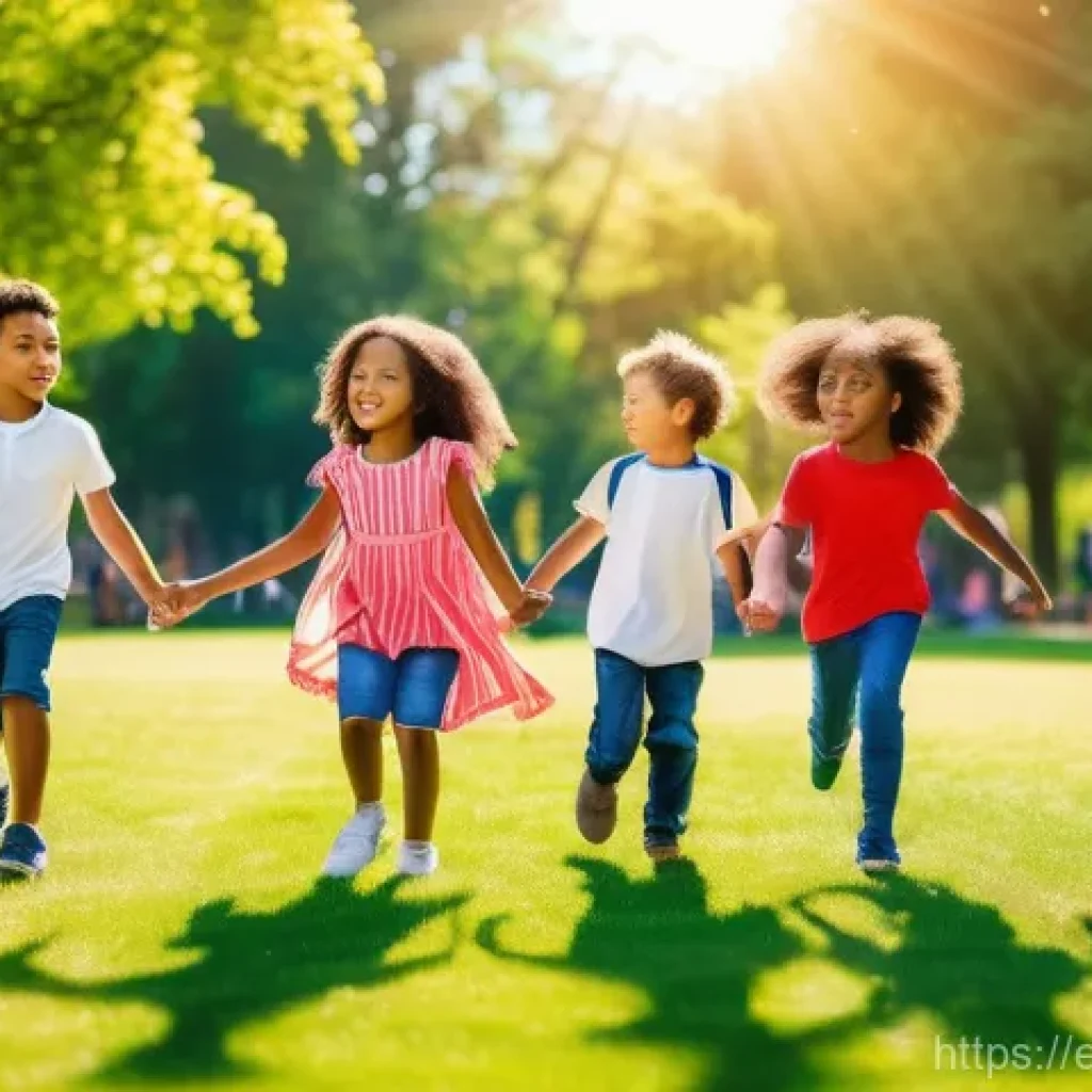 어린이 인성 교육 - **A vibrant, sun-drenched park scene featuring diverse children aged 6-