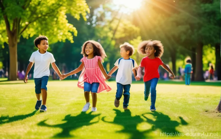 어린이 인성 교육 - **A vibrant, sun-drenched park scene featuring diverse children aged 6-