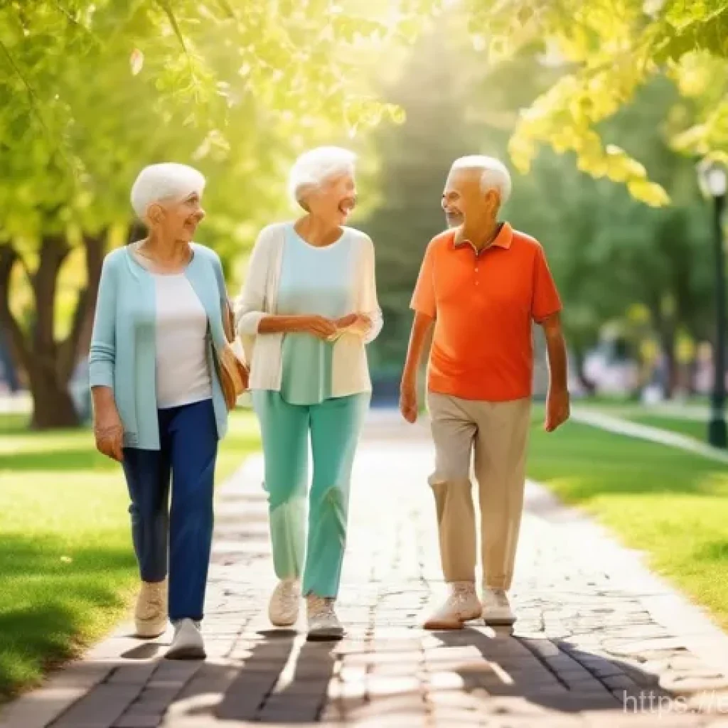 시니어 웰빙 활동 - **A group of cheerful elderly friends enjoying a leisurely stroll and animated conversation in a bea...