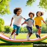 유아 체육 프로그램 - **Prompt:** A group of diverse children, aged 6-8, full of joy and energy, are running and playing f...