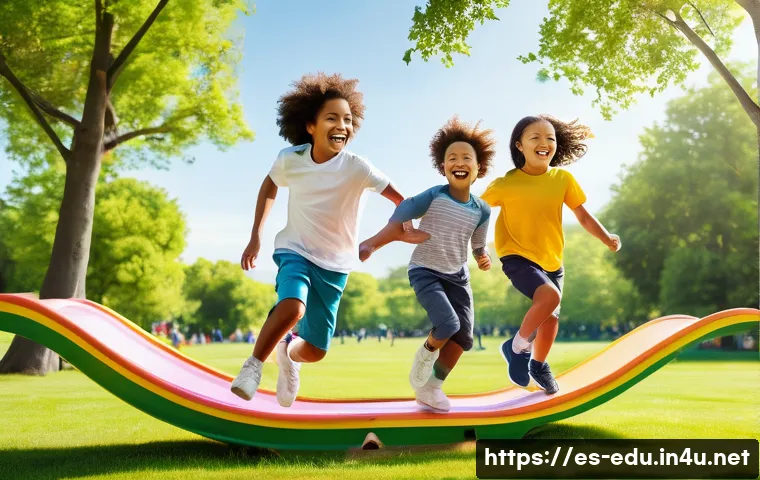 유아 체육 프로그램 - **Prompt:** A group of diverse children, aged 6-8, full of joy and energy, are running and playing f...