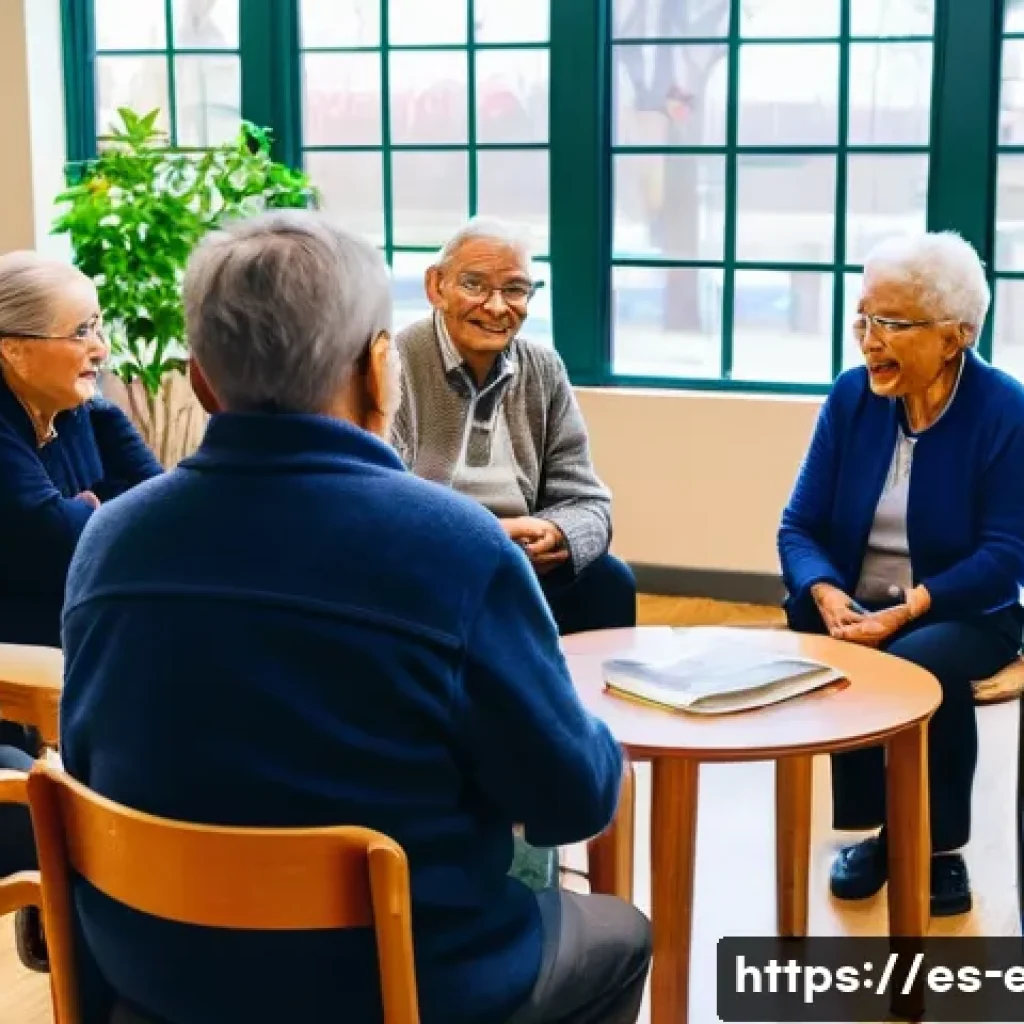 노인 독서 클럽 - A cozy community center room filled with a diverse group of elderly Spanish-speaking adults, warmly ...