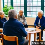 노인 독서 클럽 - A cozy community center room filled with a diverse group of elderly Spanish-speaking adults, warmly ...