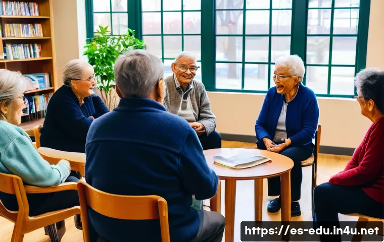 노인 독서 클럽 - A cozy community center room filled with a diverse group of elderly Spanish-speaking adults, warmly ...