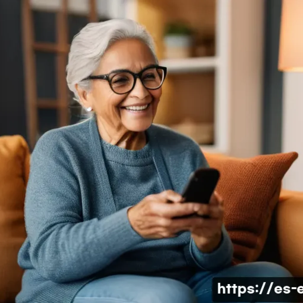 노인 라이프 코칭 - An elderly Hispanic woman confidently using a smartphone in a cozy living room, wearing comfortable ...