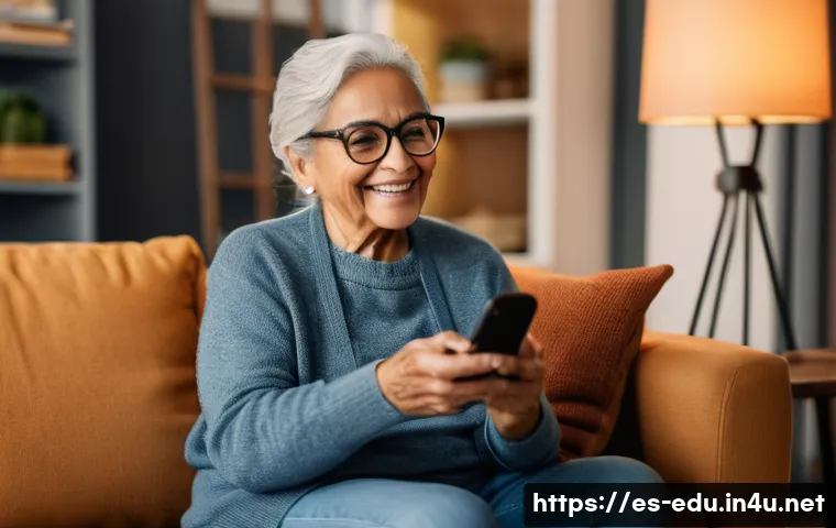 노인 라이프 코칭 - An elderly Hispanic woman confidently using a smartphone in a cozy living room, wearing comfortable ...