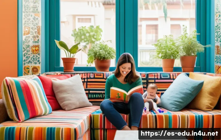 아동 발음 교육 - A warm, cozy family living room scene in a Spanish-speaking household where a mother and father are ...