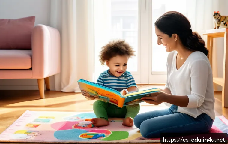 아동 발음 훈련 - A warm and lively family scene in a modern Spanish-speaking home where parents and a toddler wearing...