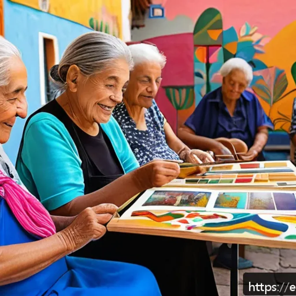 시니어 사회 통합 - A vibrant community cultural center in a sunny Spanish town, featuring elderly men and women engaged...
