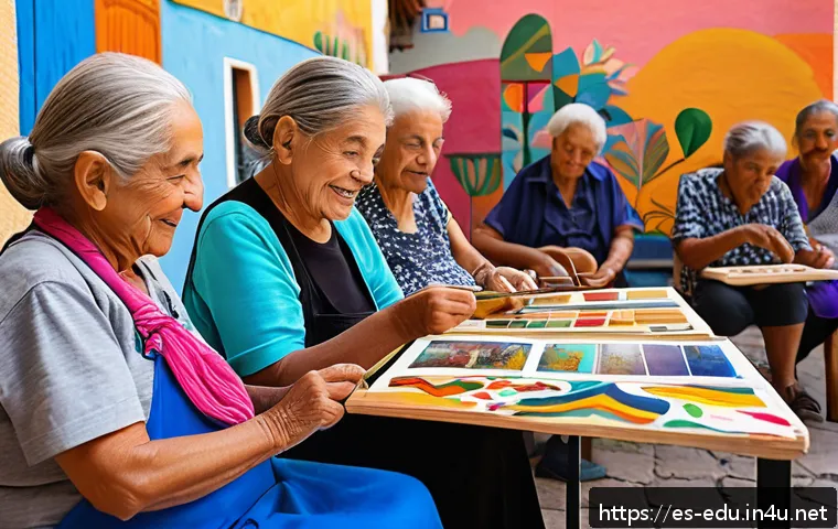 시니어 사회 통합 - A vibrant community cultural center in a sunny Spanish town, featuring elderly men and women engaged...
