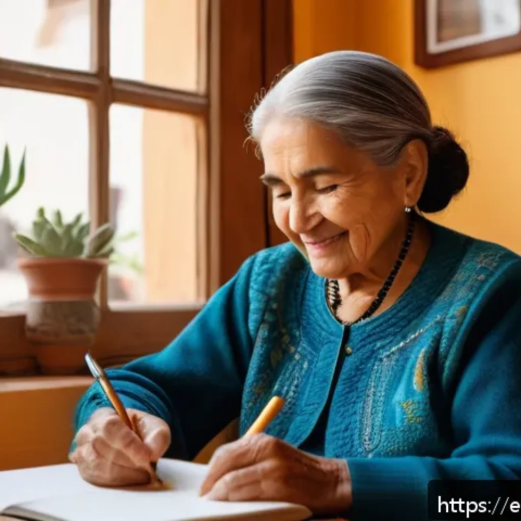 시니어 작문 교육 - An elderly Hispanic woman sitting comfortably by a large window with warm natural light, writing in ...