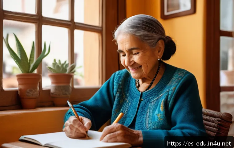 시니어 작문 교육 - An elderly Hispanic woman sitting comfortably by a large window with warm natural light, writing in ...