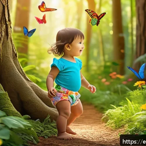 어린이 그림책 만들기 - A young child wearing a colorful diaper exploring a vibrant forest filled with lush, multicolored tr...