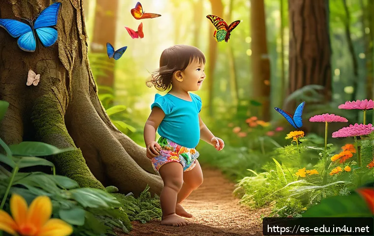 어린이 그림책 만들기 - A young child wearing a colorful diaper exploring a vibrant forest filled with lush, multicolored tr...