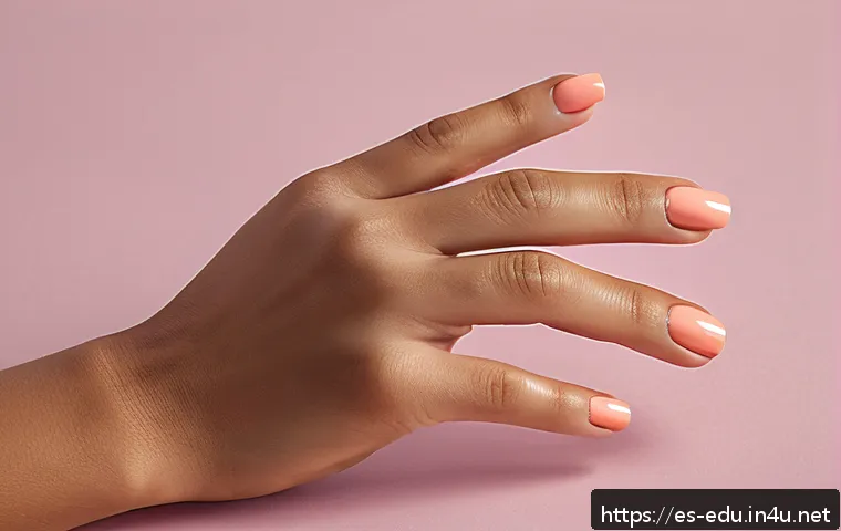 시니어 네일 아트 - A close-up portrait of mature hands with short, well-groomed nails painted in soft coral and lavende...