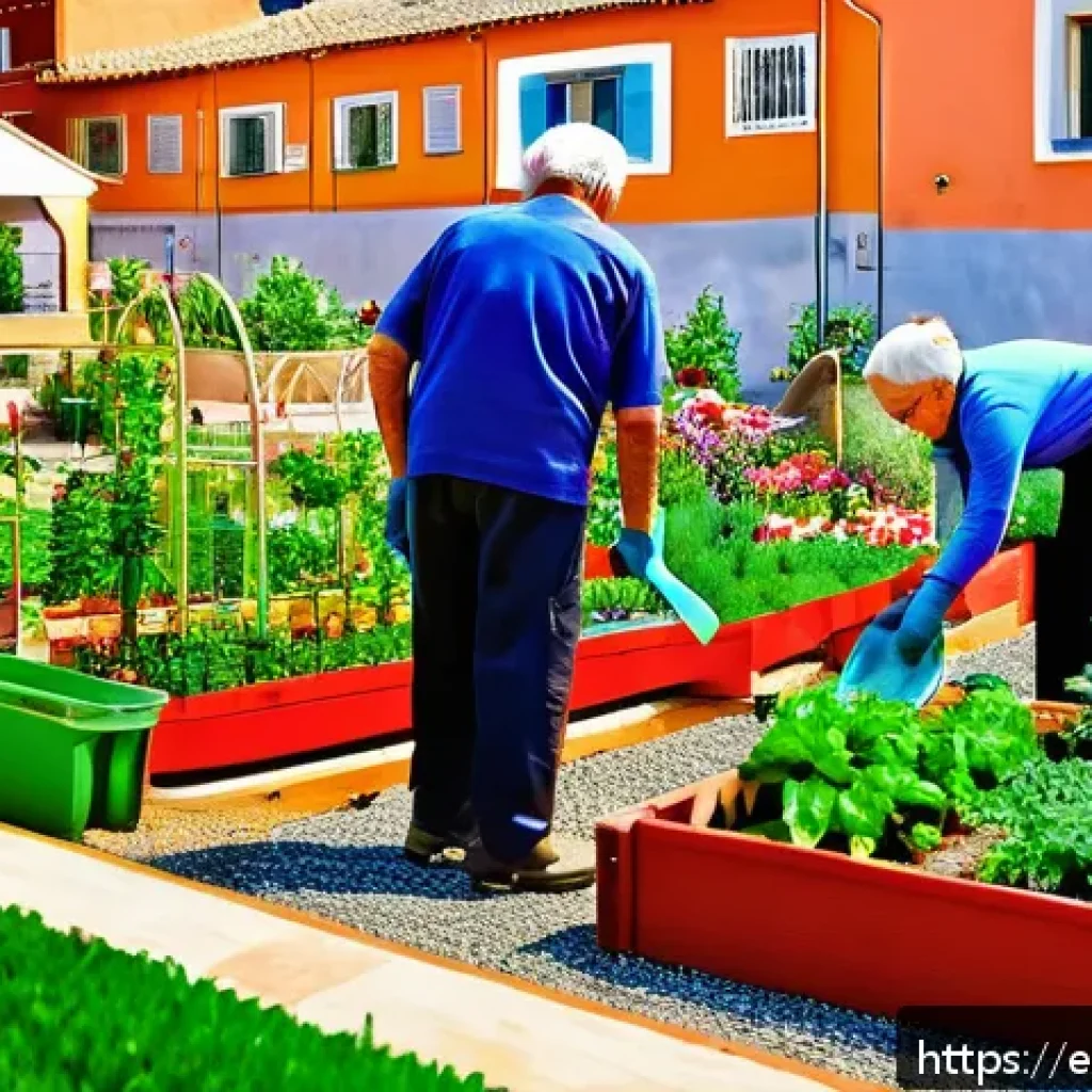 시니어 봉사활동 - A vibrant community garden scene in a sunny urban neighborhood in Spain, featuring a diverse group o...