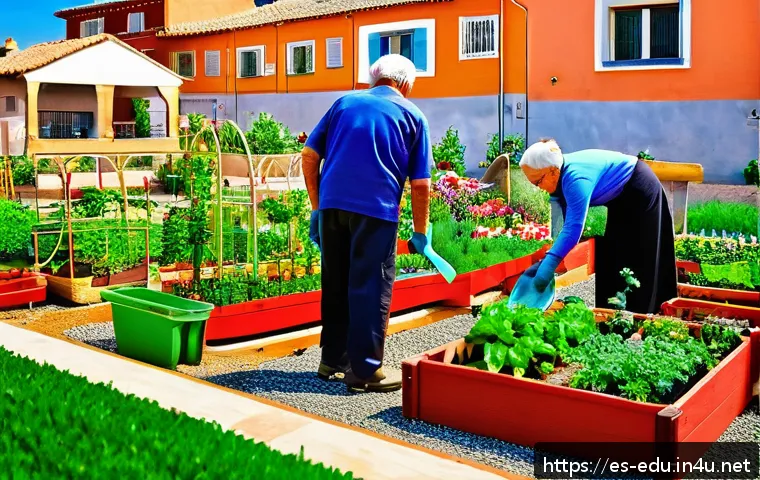 시니어 봉사활동 - A vibrant community garden scene in a sunny urban neighborhood in Spain, featuring a diverse group o...