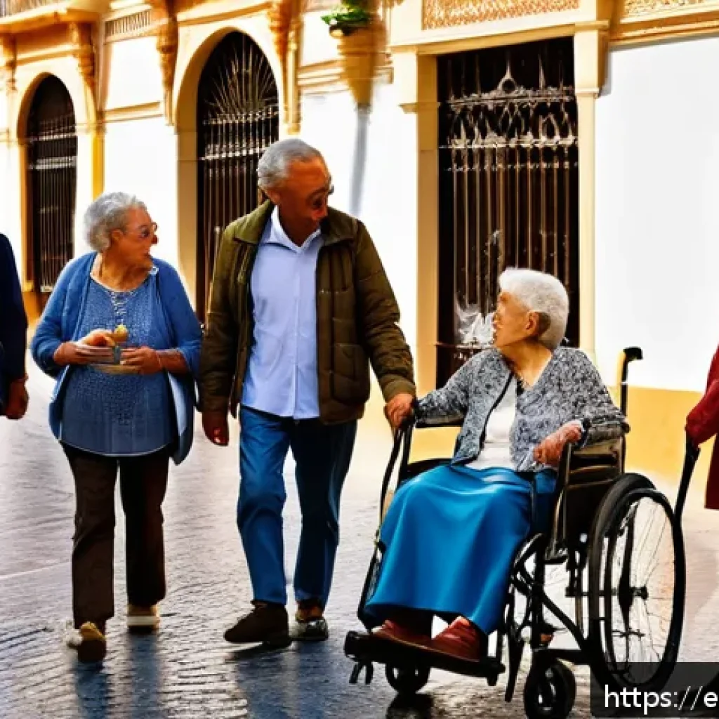 시니어 여행 프로그램 - A serene group of elderly Spanish travelers enjoying a flexible cultural tour in the historic street...