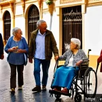 시니어 여행 프로그램 - A serene group of elderly Spanish travelers enjoying a flexible cultural tour in the historic street...