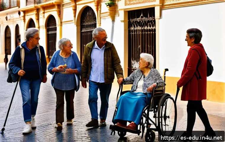 시니어 여행 프로그램 - A serene group of elderly Spanish travelers enjoying a flexible cultural tour in the historic street...