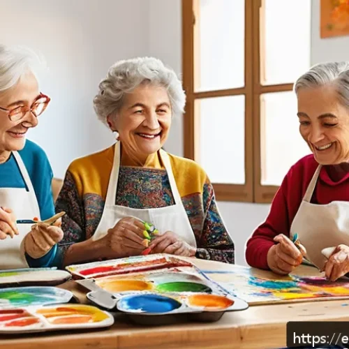 시니어 그림 수업 - A serene and warm art workshop setting in a bright, accessible community center in Spain, featuring ...